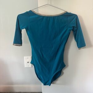 Yumiko 3Q Sleeve Sofiane leotard in turquoise and velvet trim, size Medium